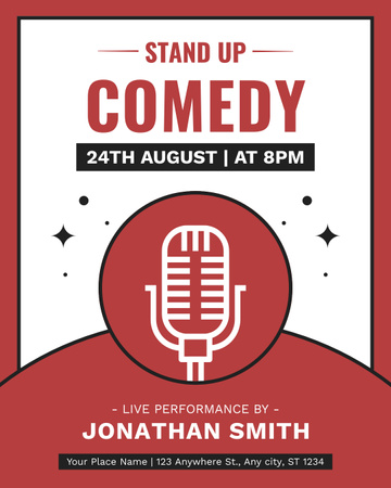 Comedy Show Announcement with Microphone Silhouette on Red Instagram Post Vertical Design Template