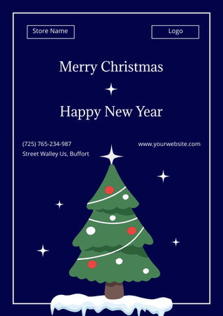 Christmas And New Year Wishes With Decorated Tree Postcard A5 Vertical Design Template