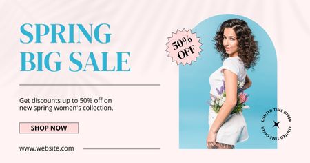 Big Spring Sale with Young Brunette in White Facebook AD Design Template
