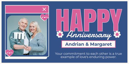Anniversary of Elderly Couple on Blue Twitter Design Template