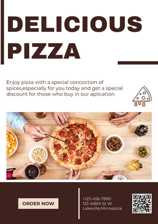 People at Table Eating Delicious Pizza Poster Design Template