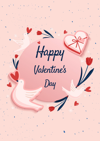 Valentine's Day With Doves And Flowers Celebration Postcard A6 Vertical Design Template