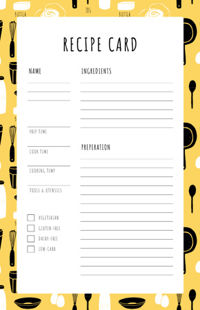 Cutlery Pattern on Yellow Recipe Card Design Template