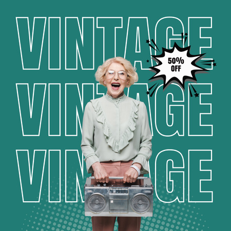 Old lady at vintage sale blue green Instagram AD Design Template