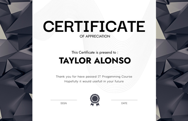 Appreciation for Passing IT Programming Course Certificate 5.5x8.5in Modelo de Design
