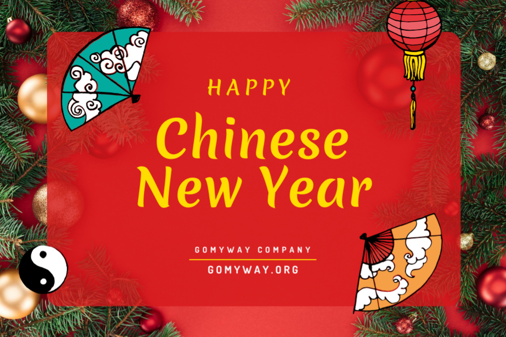 Chinese New Year Greeting With Festive Symbols Postcard 4x6in Tasarım Şablonu