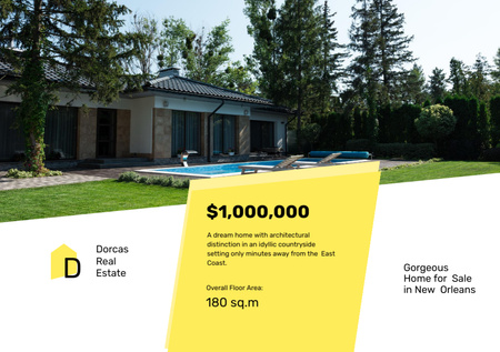 Ontwerpsjabloon van Flyer A5 Horizontal van Aankondiging van de verkoop van een nieuw huis met zwembad