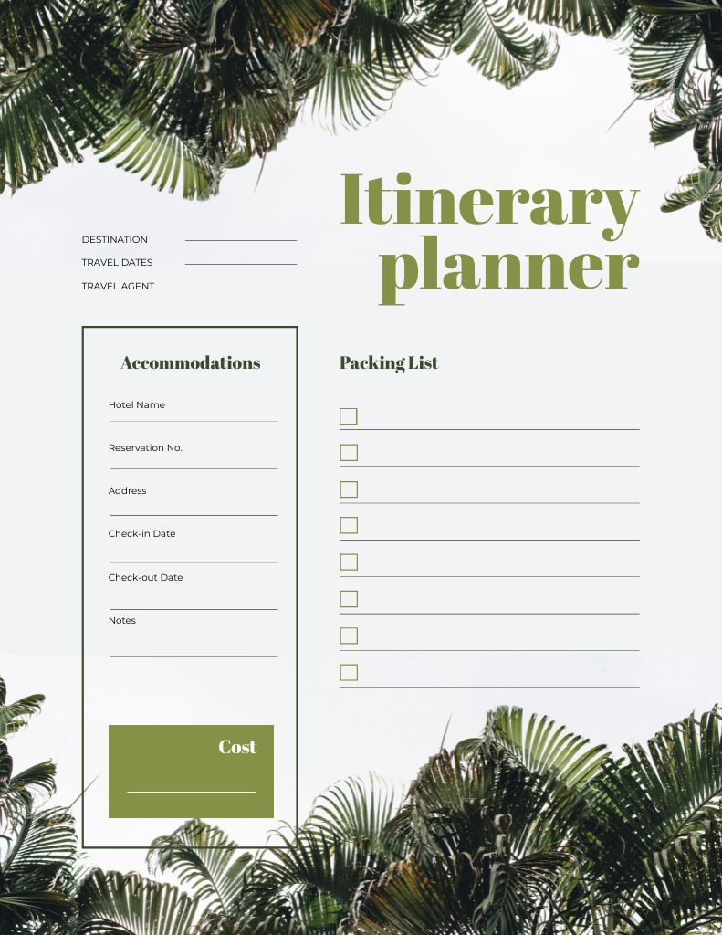Itinerary Planner on Jungle Leaves Notepad 8.5x11in Design Template