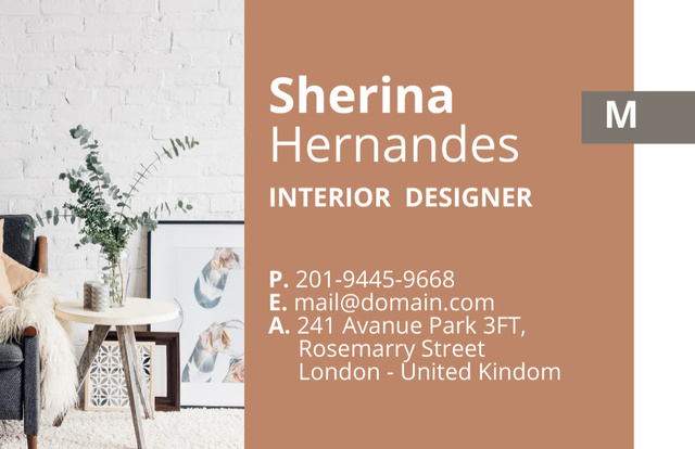 Interior Designer Services Ad with Cozy Apartment Business Card 85x55mmデザインテンプレート