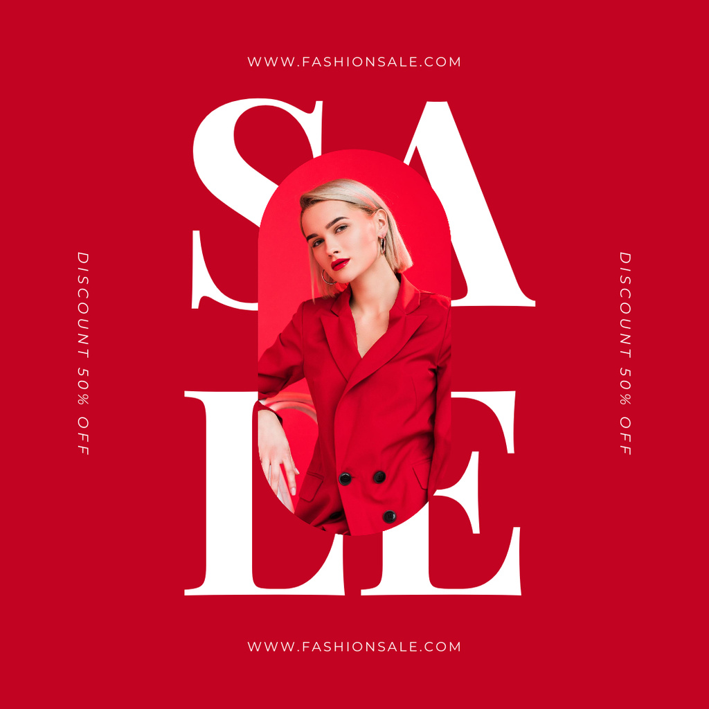 Fashion Sale Announcement with Woman in Red Coat Instagram Tasarım Şablonu