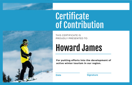 Winter Tourism Contribution Gratitude with Skier in Mountains Certificate 5.5x8.5in Design Template
