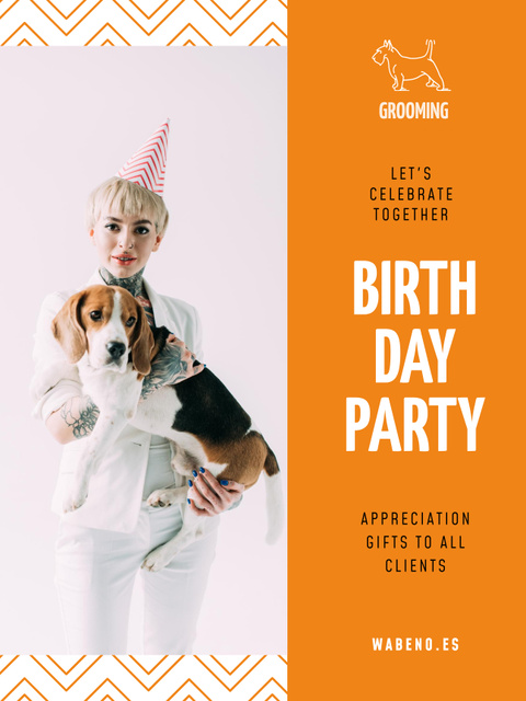 Ontwerpsjabloon van Poster US van Birthday Party Announcement with Woman and Dog