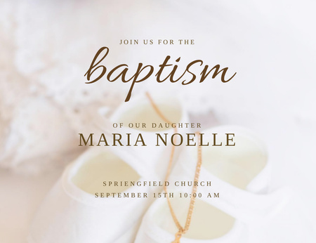 Template di design annuncio battesimo con scarpe bambino Invitation 13.9x10.7cm Horizontal