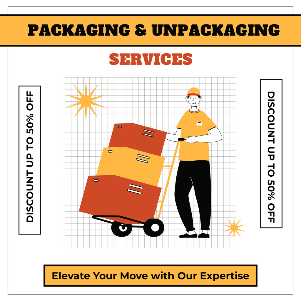 Packing and Unpacking Services with Stack of Boxes Instagram AD Design Template