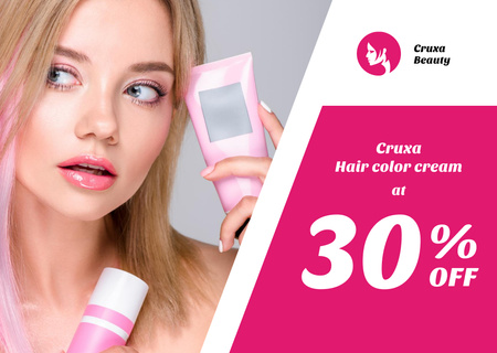 Designvorlage Hair Color Cream Offer with Young Woman with Pink Hair für Flyer A6 Horizontal