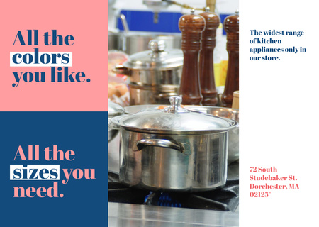 Platilla de diseño Kitchen Utensils Store Offer Pots on Stove Postcard