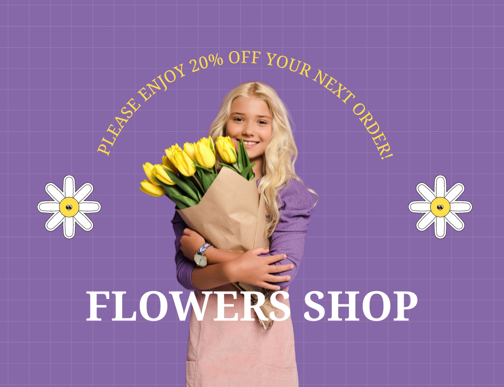 Plantilla de diseño de Discount on Flower Bouquet on Purple Thank You Card 5.5x4in Horizontal 