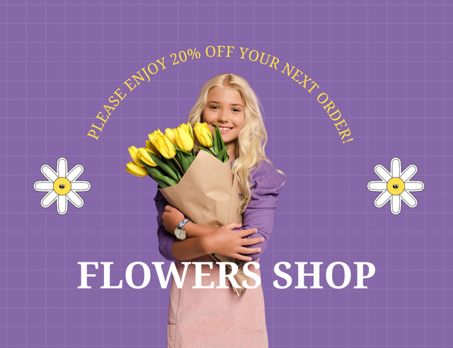 Discount on Flower Bouquet on Purple Thank You Card 5.5x4in Horizontalデザインテンプレート