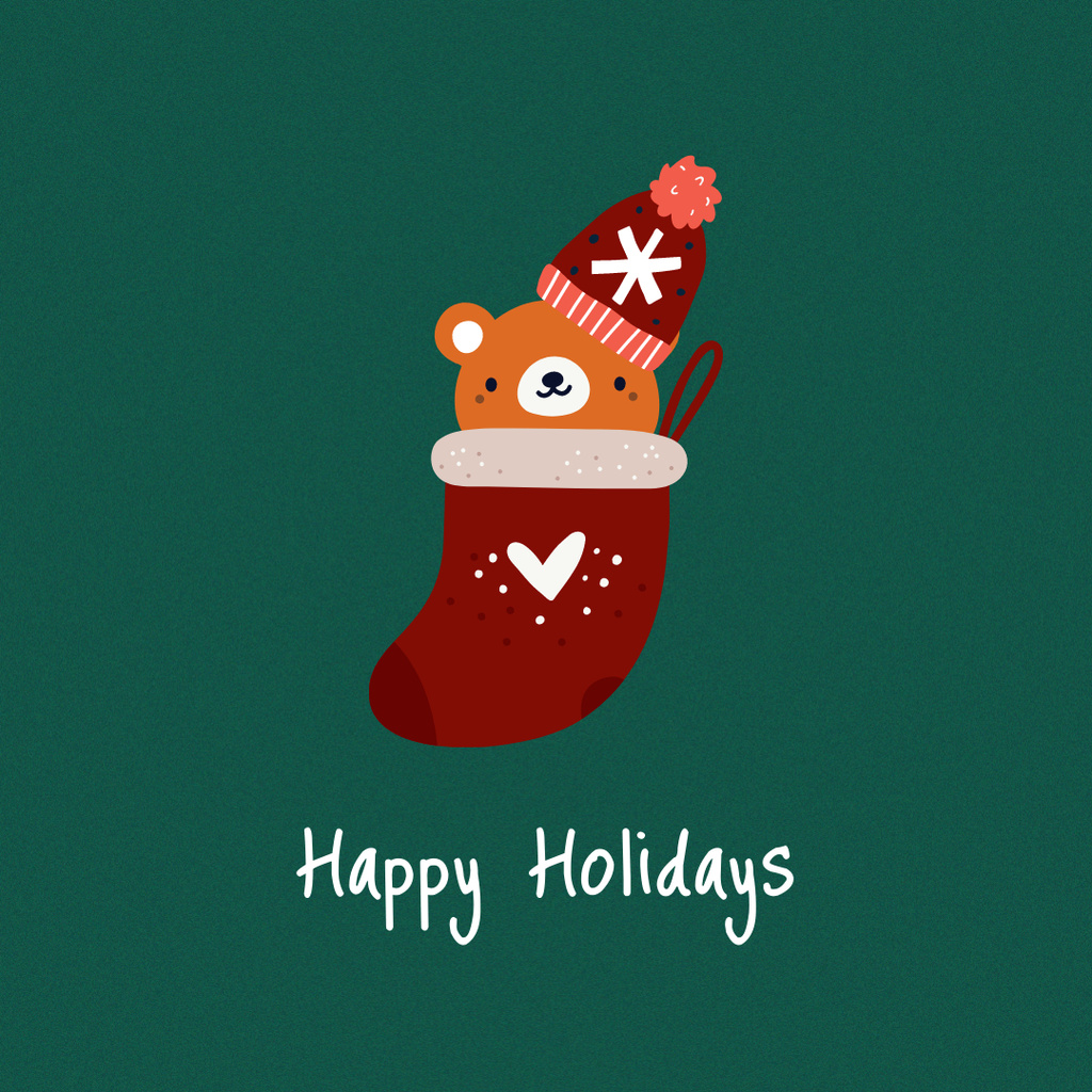 Winter Holiday Greeting with Cute Bear in Sock Instagram Design Template