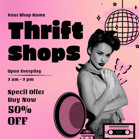 Pin up woman for thrift shop purple Instagram AD Πρότυπο σχεδίασης