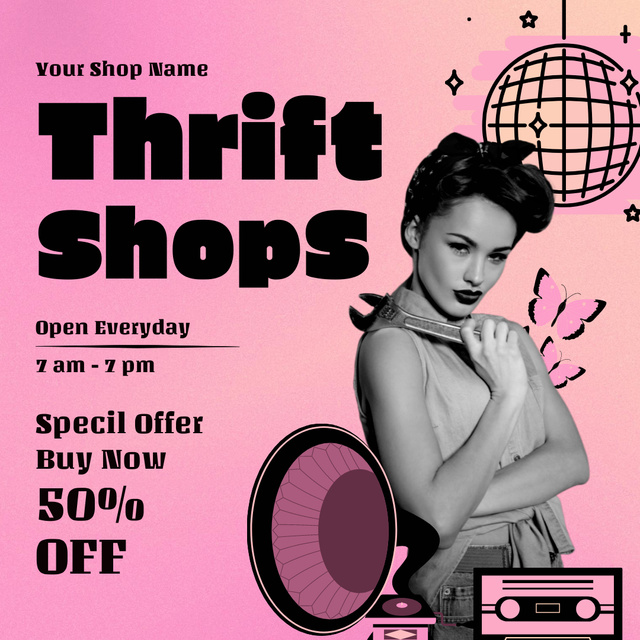 Pin up woman for thrift shop purple Instagram AD Modelo de Design
