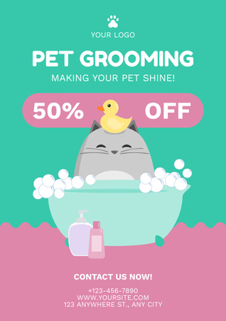 Pet Grooming Services Ad with Cute Illustration Poster Design Template