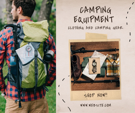 Camping Equipment Sale Ad with Man Carrying Backpack Facebook Design Template