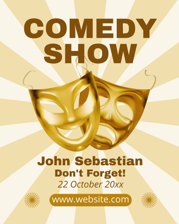 Designvorlage Ankündigung zur Comedy-Show mit Golden Masks für Instagram Post Vertical