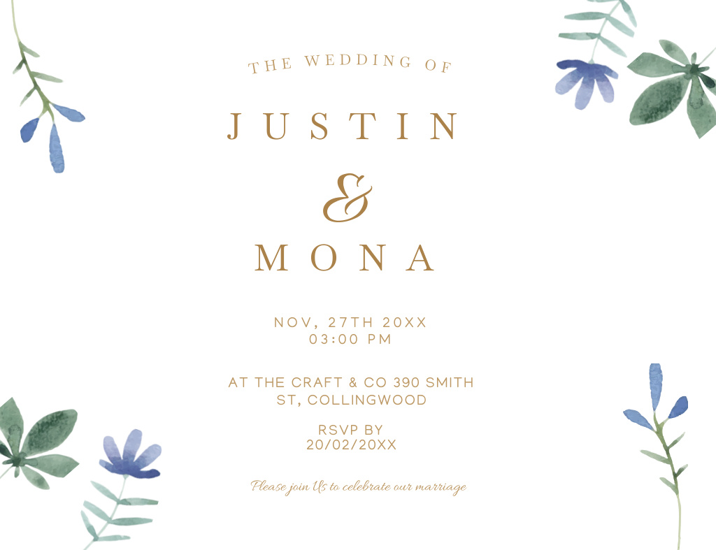 Wedding Celebration Announcement With Flowers Invitation 13.9x10.7cm Horizontal Design Template
