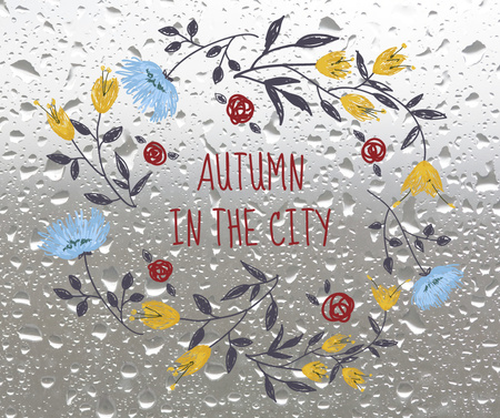 Autumn Flowers Wreath on Wet Glass Facebookデザインテンプレート