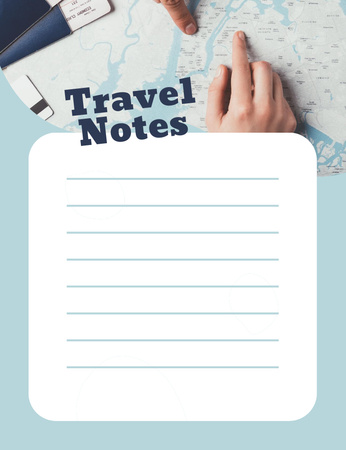 Lista de itinerário de viagem com mão masculina e mapa Notepad 107x139mm Modelo de Design
