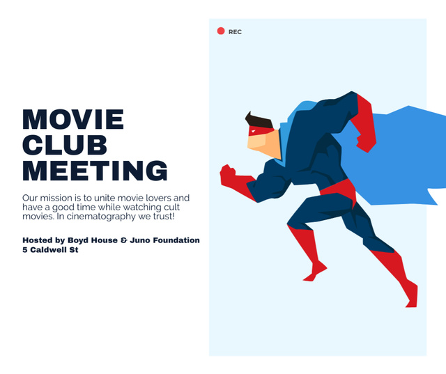 Designvorlage Movie Club Meeting Man in Superhero Costume für Facebook