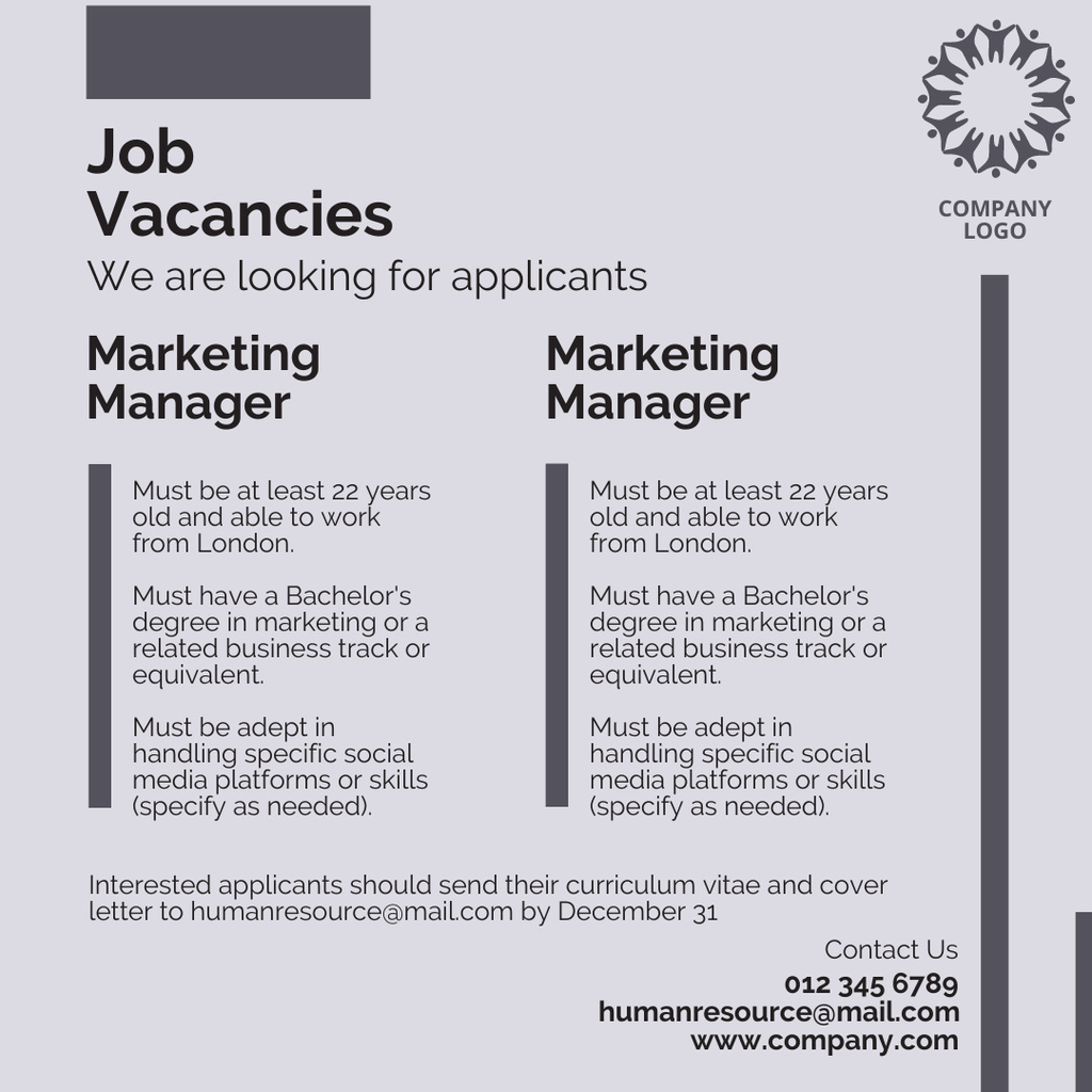 Template di design Open Job Vacancies in Digital Marketing Instagram