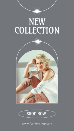 Plantilla de diseño de New Collection Ad with Attractive Blonde in Grey Instagram Story 