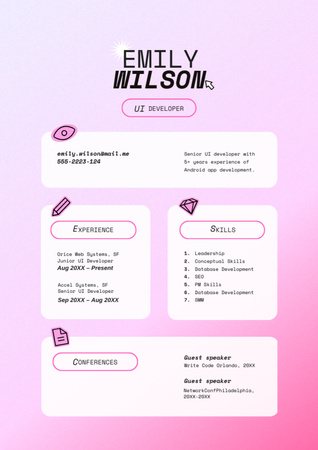 Web Developer Skills and Experience with Pink Gradient Resume Design Template