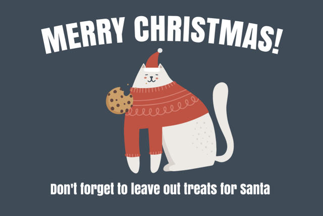 Christmas Greeting with Lovely Cat Eating Cookies Postcard 4x6in Design Template