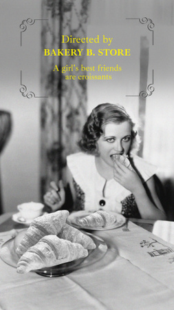 Plantilla de diseño de promoción de panadería divertida con chica comiendo croissants Instagram Story 