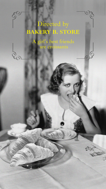 Funny Bakery Promotion with Girl eating Croissants Instagram Story Modelo de Design
