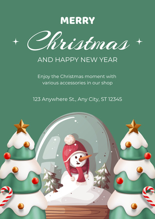 Christmas and New Year Promotion with Snowman in glass ball Poster Design Template