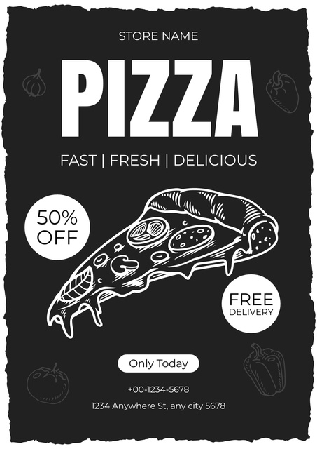 Pizzeria Discount Offer with Pizza Slice Sketch Posterデザインテンプレート