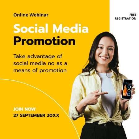 Designvorlage Webinar über Social Media Promotion mit einer jungen asiatischen Frau für Instagram