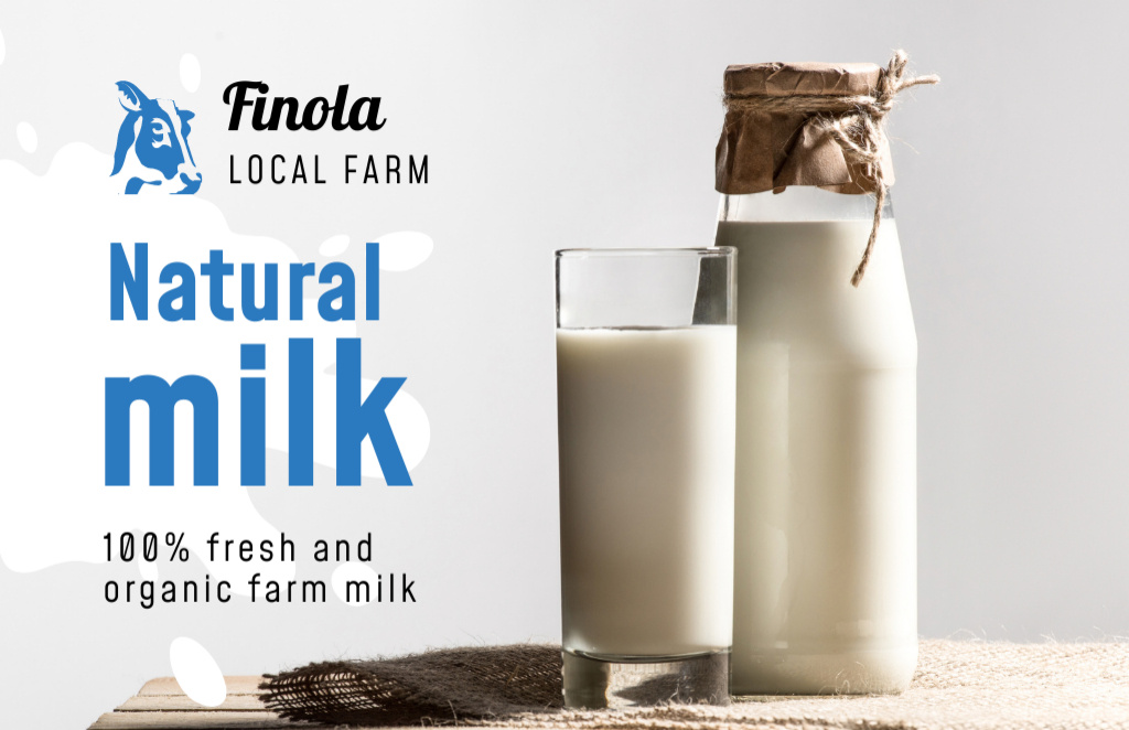 Milk Farm Offer with Glass of Organic Milk Business Card 85x55mm Modelo de Design