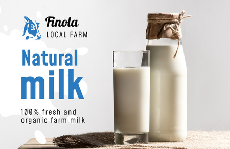 Milk Farm Offer with Glass of Organic Milk Business Card 85x55mm Design Template