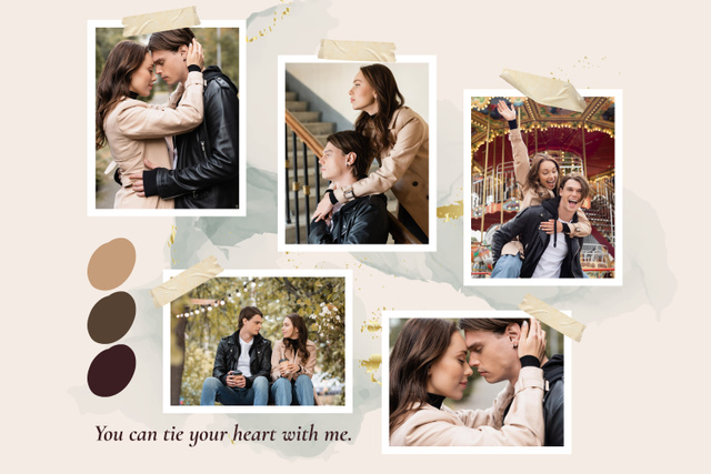 Beige Collage with Young Beautiful Couple for Valentine's Day Mood Board Πρότυπο σχεδίασης
