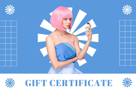 Plantilla de diseño de Anuncio de salón de belleza con mujer con cabello rosa brillante Gift Certificate 