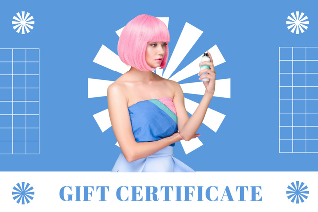 Ad of Beauty Salon with Woman with Bright Pink Hair Gift Certificate Πρότυπο σχεδίασης