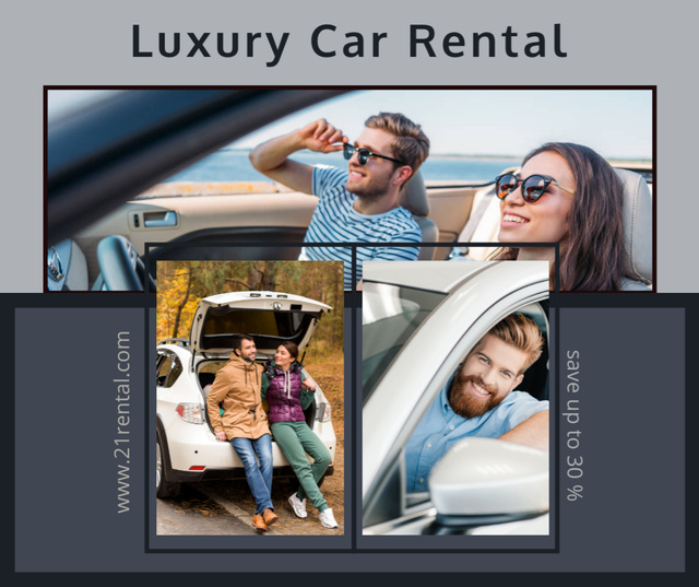 Car Rental Services Ad with Happy Couple Facebook Modelo de Design