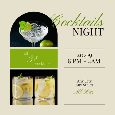 Bar Promotion for Cocktails at Night Instagram Design Template