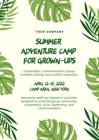 Designvorlage Sommercamp-Werbung mit tropischen Blättern für Poster