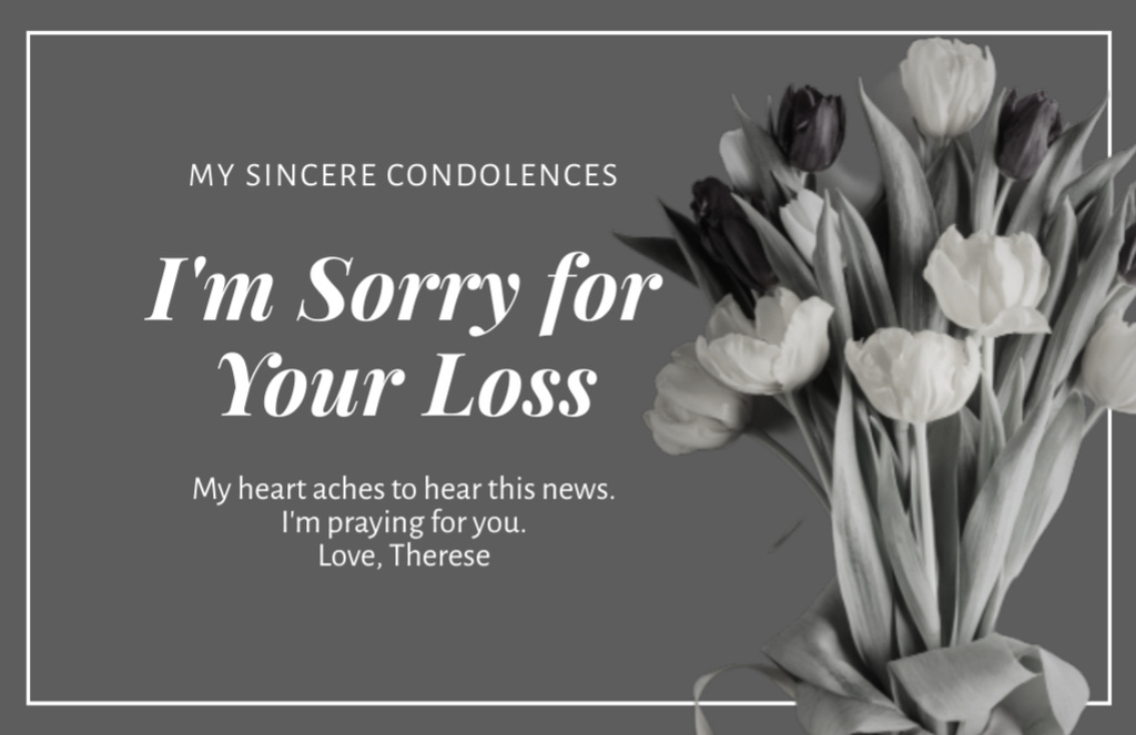 Plantilla de diseño de Condolences Phrase with Black and White Flowers Bouquet Thank You Card 5.5x8.5in 